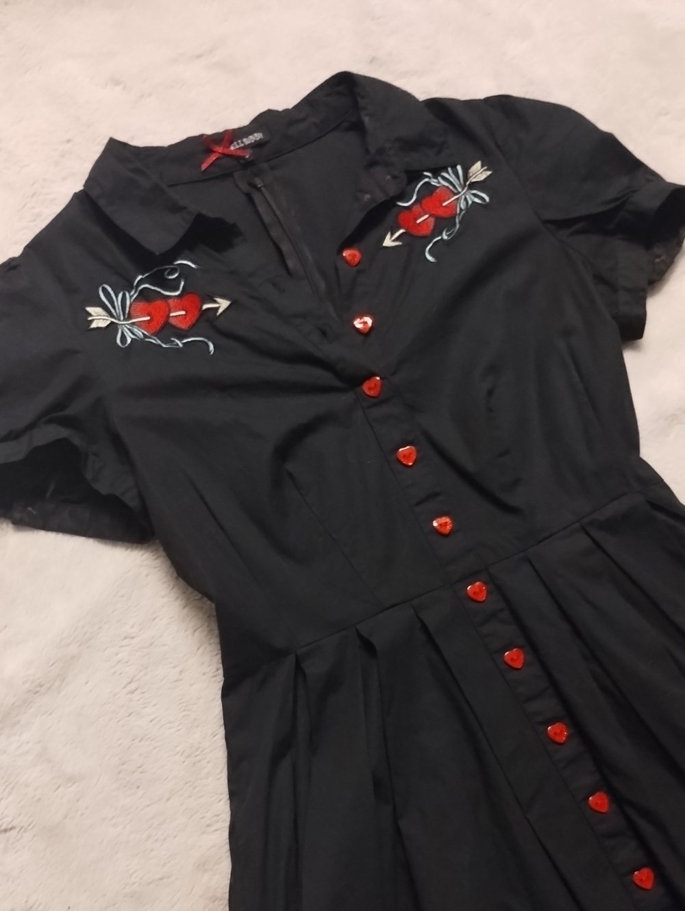 ❤️ Hell Bunny Black Midi Dress with Red Heart Embroidery ❤️ - Picture 2 of 6
